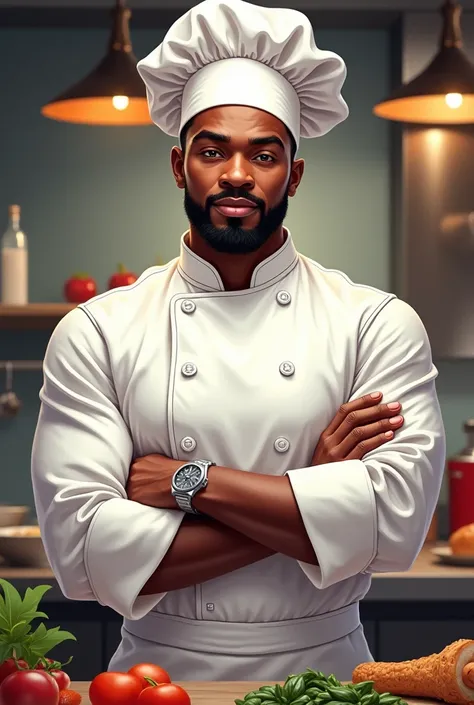 Illustration of a black chef without a beard and a chef&#39;s hat