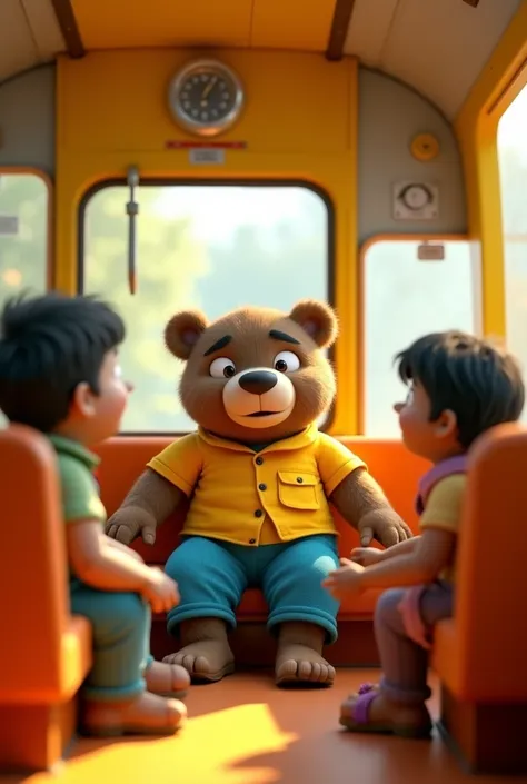 In cinematic 3d style,,Charector;A cartoon bear bholu character, with a large round face large eyes, expression simple,The bear is dressed in a yellow shirt, and blue pants
Charector 2; yellow bus 
Action;Bholu is sitting on the last seat inside the bus an...