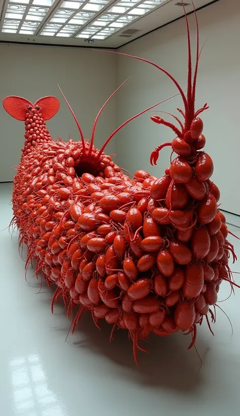 (photorealism:1.2), create an art installation made from crayfish, the crayfish are joined together to form a boat