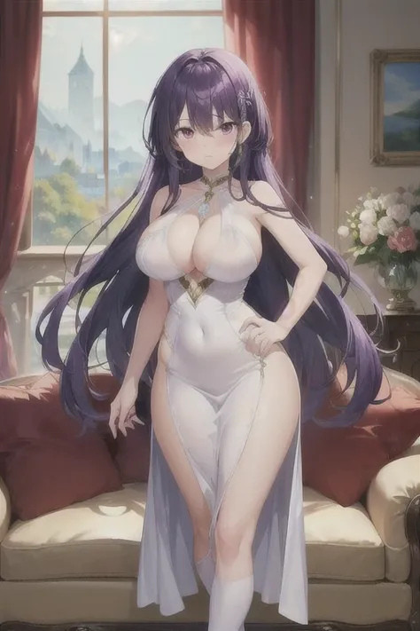 ((Best Quality)), ((masterpiece)), (detailed), 1 anime girl,( Landscape of a luxurious living room),(with a long white tight dress), ((big breasts)),((wide hips)),(2),(looking at the viewer),(front view),(sad face),( purple hair color),((ojos color verde m...