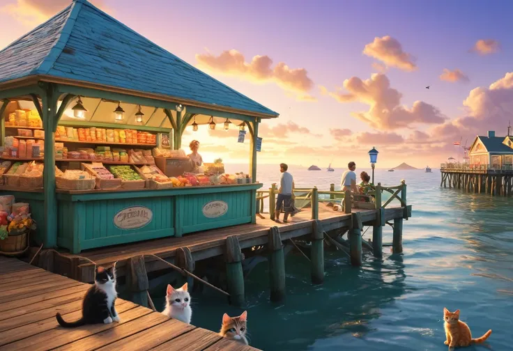 (pixar style, detailed pier, detailed ocean, detailed vendors with carts, detailed couples, detailed kittens, detailed fishermen, detailed sweet snacks, bustling pier, summer pier, sunset pier, playful atmosphere, romantic scene, cute kittens, warm lightin...