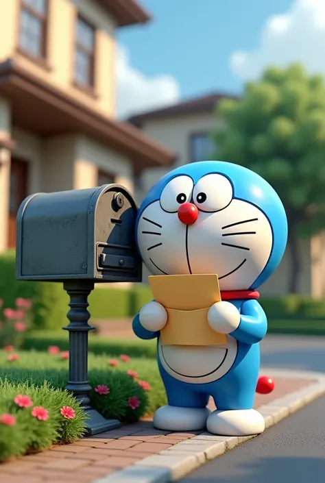 Detective Doraemon standing in front of the mailbox holding a letter.street scene in front of house 3d image 