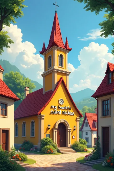 Village with mustard-colored parish church with red tower and clock, and letters saying My Beautiful Saint Nicholas