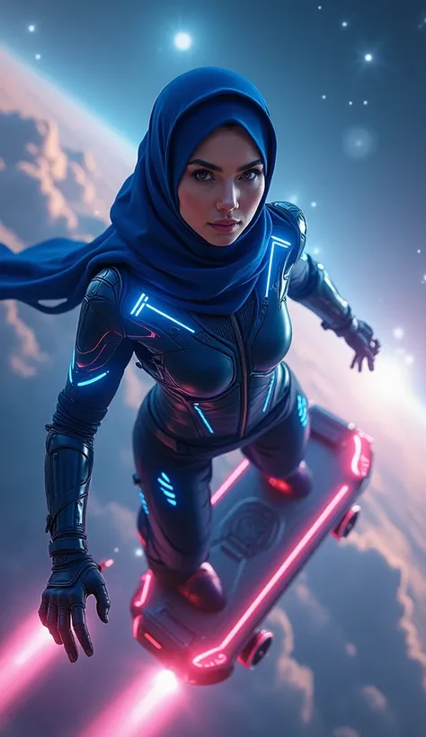 1girl, beautiful woman, wearing a hijab, wearing a futuristic dark blue uniform full of light, flying on a rocket skateboard, looking at the viewer, facing the front, EPIC SCENE, super detailed, UHD, anatomically correct, hyperrealistic, cinematic lighting...