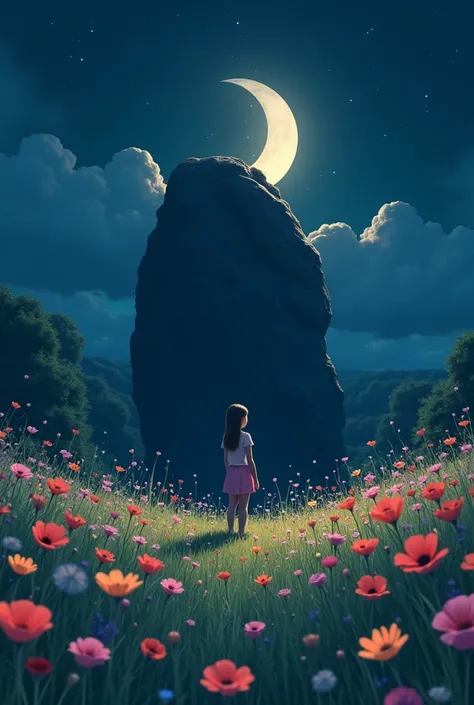 A cinematic medium shot a young girl can not  walking just standing because in front of her there is a large dan tall rock blocking the way.through a serene nighttime flower garden bathed in moonlight. The background reveals a vast meadow with vibrant flow...