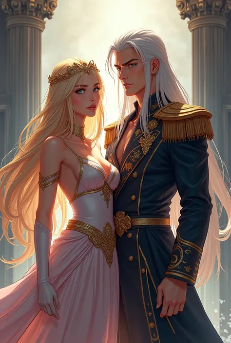 Wattpad Cover Dedicated to Novel by Impossibly handsome Young Femme Fatale, Incredibly beautiful blonde, Princess of Venus and General of the Army of Earth, A very, handsome, majestic, courageous mature man with long straight platinum hair. Anime Style.