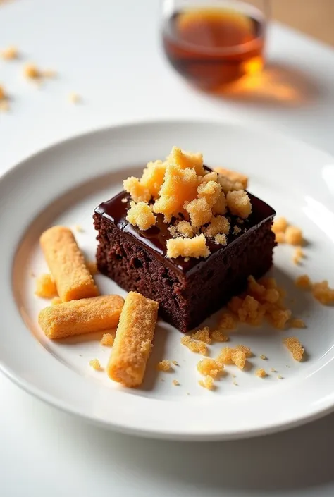 A white plate with chocolate cake one piece and sugar chunks garnished on top with Bourbon biscuits