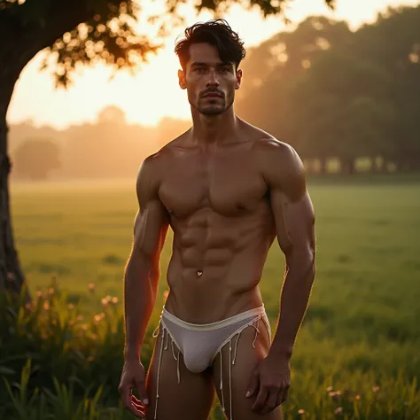 extremely realistic, masterpiece, best quality, RAW photo, fashion shot, stunning photo, ((mixed of Latino male model)), twink male supermodel toned and slender, lean body, (Gorgeous young face), stands confidently under the tree at the Fields, wear only i...