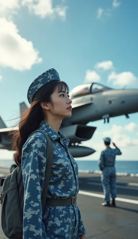 documentary photo, Photo-realistic, ultra-realistic, (very beautiful Japanese young woman, her beautiful face is looks like a famous Japanese idol:1.3), (super cute face), (large aircraft carrier crew of Japan navy), wearing a Blue-gray camouflage patterne...