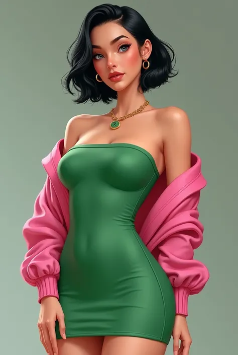 A black haired woman with a side parted and short haircut wearing green mini tube dress and a pink cropped cardigan as an outerwear. 