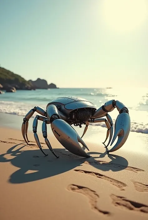 This image features a robotic crab walking on the sandy beach near the ocean. The crab has a metallic body with claws and is designed to resemble a real crab.