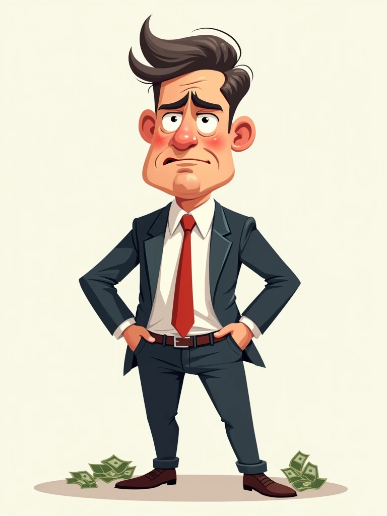 depicts a cartoon-style illustration of a businessman standing with empty pockets, signifying financial trouble or poverty. The expression on his face, along with the gesture of showing empty pockets, conveys a sense of worry or disappointment, often used ...