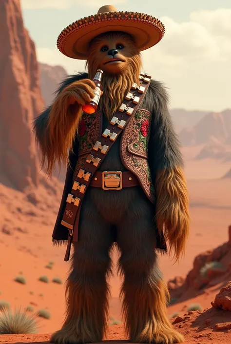 Make a picture of Chewbacca dressed as a charro drinking beer on Mars