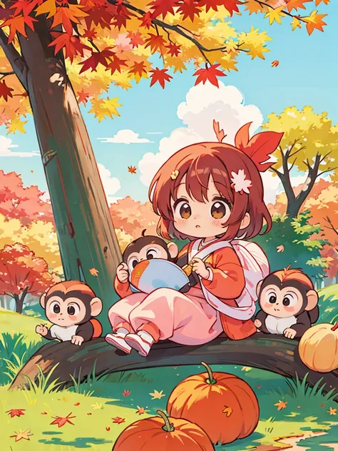 Momoko Sakura colorful style, Kawaii Design, The most beautiful girl of all time、chibi, (((A good friend))), (((Autumn scenery))), (((baby monkeys)))