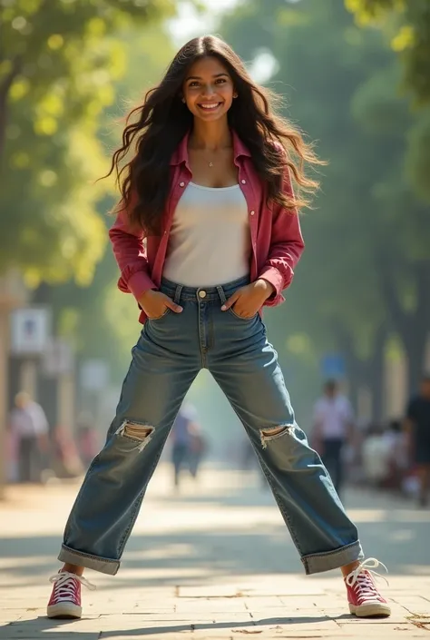 (One Girl:1.3), long hair, Bangladeshi high school students, Great face and eyes, Looking into the camera, A joyful smile、(Spread your legs:1.2)、Stand with your legs out、Stand with your legs apart、Spread your feet wider than shoulder width、Standing on tipt...