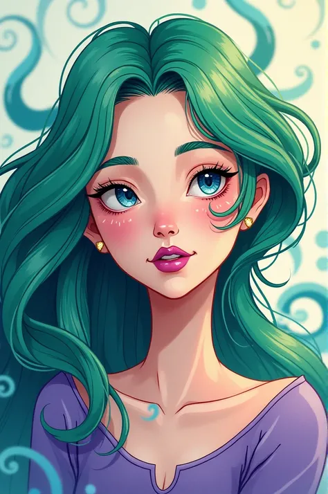 Woman, cartoon, magic, hair green, sprat shapes on the cheeks, skin fair, feminine, magical powers, pretty, Purple Lipstick