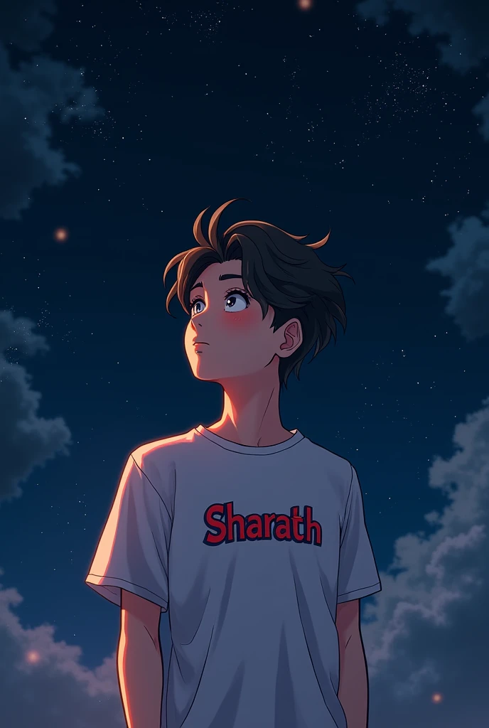 Create a  20 years old boy in front of dark sky wearing a t shirt and on that t shirt write SHARATH in anime virsion