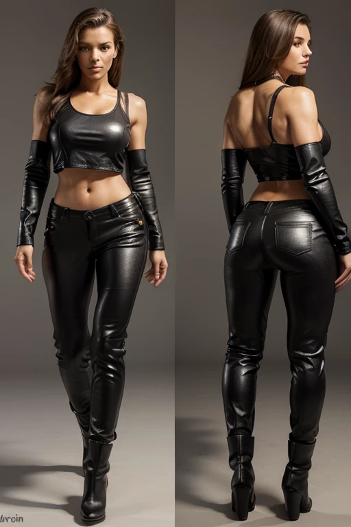 digital art, highly detailed, reference sheet, standing pose, feminine features, mature woman, adult female, muscular figure, six-pack abs, whole body, bald, form-fitting, leather jacket, tank top, long folded sleeves, long pants, heeled boots, 1woman, sol...