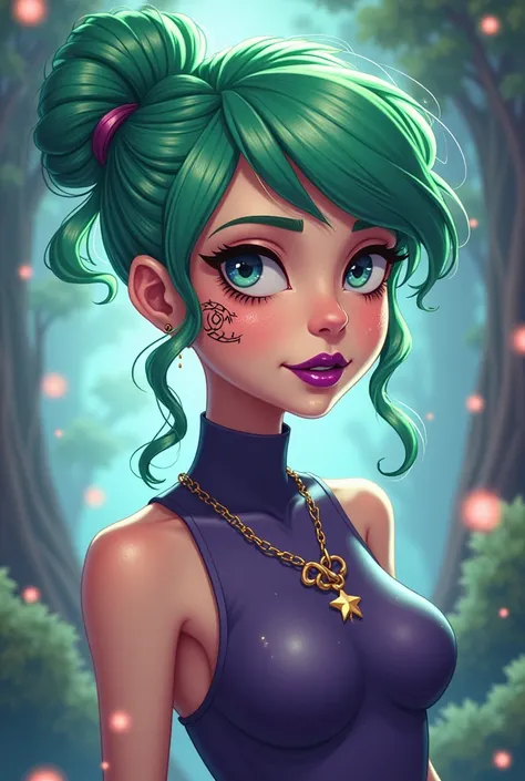 Woman, cartoon, magic, hair green,sprat suits tattoo on cheeks, skin fair, feminine, magical powers, pretty, Purple Lipstick