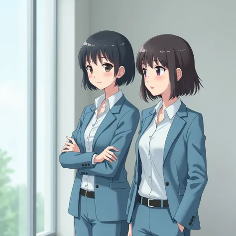 Highest quality, masterpiece, Ultra-high resolution, Japan 2 women, 笑顔で会話ひとりはshort hair,One has long hair, Fine grain, short hair,Light blue suit, White shirt,The face is tilted,Casual pants, Beautiful Face, bangs, girl, Age 25, White wall conference room,...