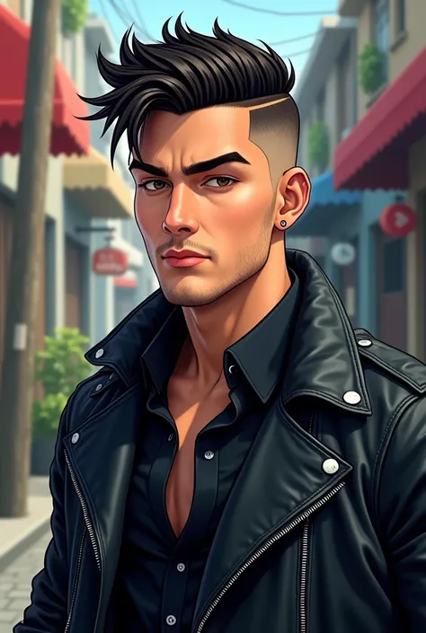 A very white man, handsome, Latin American, with corte palermo with a low fade, Without beard, wearing a black leather jacket,in anime style