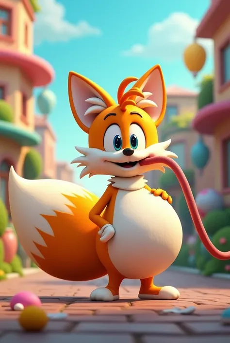 Tails the Fox inflating his belly with an air hose in his mouth