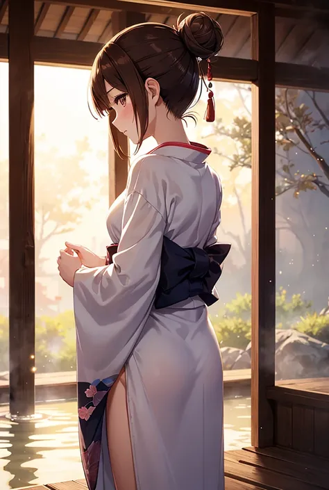 anime, woman, kimono, undone clothing, blushing, standing, looking away, looking back, hair bun, brown hair, brown eyes, with sparkling eyes, slender, adult, in the hot spring, in the morning, cowboy shot, back shot, dutch angle shot, cowboy shot, sunlight