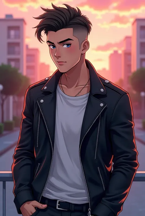 A white-skinned man, handsome, Latin American, with corte palermo with a low fade, Without beard, wearing a black leather jacket,in anime style