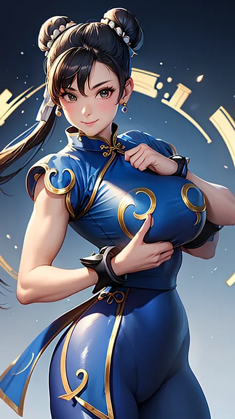 ((chun-li,ponytail,blue leggings:1.3)),upper body, looking at the audience,slim and sexy figure, the best quality, (8k), (4k),(m...