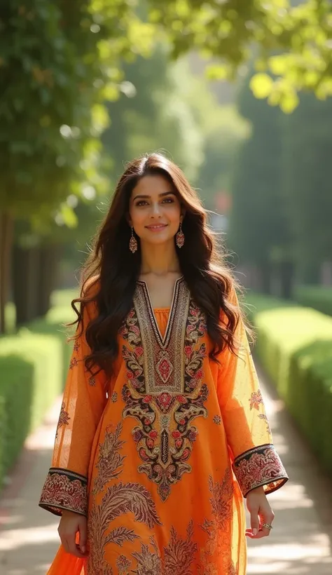 "Aiza Amir, the 1 Pakistani influencer, strolling through the lush Shalimar Gardens in Lahore. Shes wearing a vibrant Khaadi lawn suit with intricate embroidery, the colors complementing the verdant surroundings. Her long brown hair is styled in loose wave...