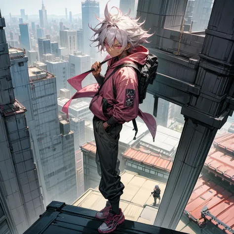 1male, young adult, dark skin, finely detailed pink eyes, wild medium hair, grey hair color, baggy hoodie, baggy combat pants, standing on building, day time, tokyo city, calm expression, muscular, tattoos, standing on rooftop, hiker backpack, ninja shoes