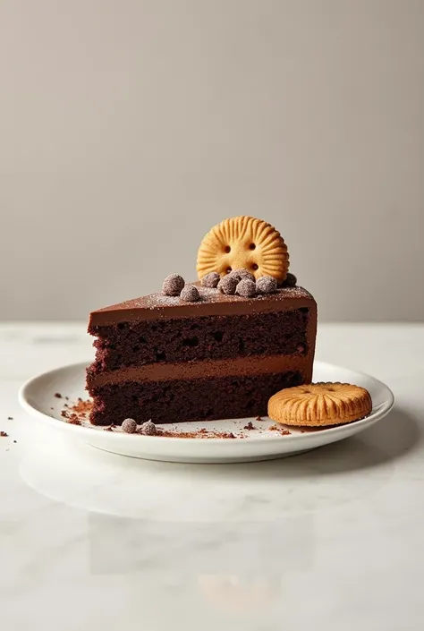 A white plate with chocolate cake one piece and sugar chunks garnished on top with Britannia Bourbon 

Also remove that cubes
Add Bourbon cream biscuit with chocolate 