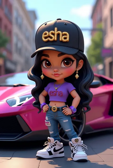 A captivating 3D digital illustration of Chibi confidently posing alongside a luxurious sports car, her cascading black hair framing her expressive brown eyes. She dons a stylish black cap emblazoned with the "Esha" logo, composed of golden letters and dia...