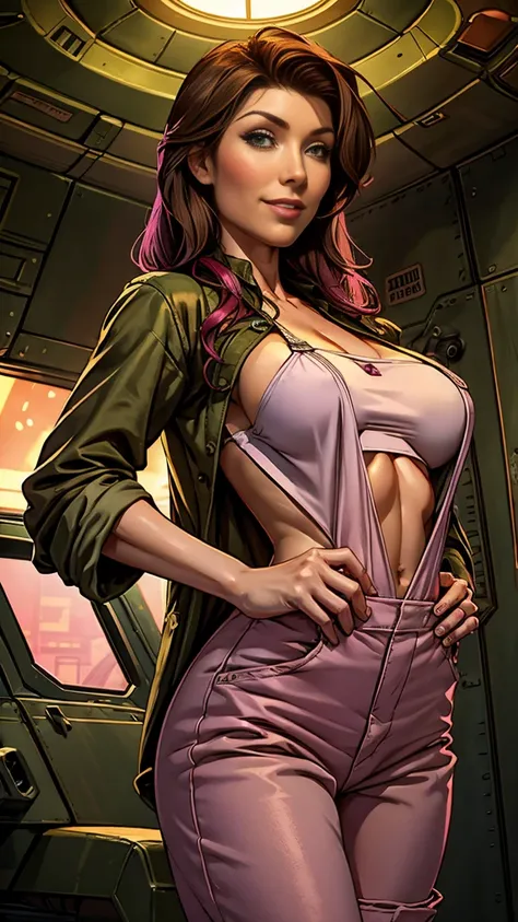 Jewel Staite as Kaylee from Firefly, ((undone olive green coveralls)), short pink crop top, long brunette hair, perfect breasts, sexy pose, smile, spaceship engine