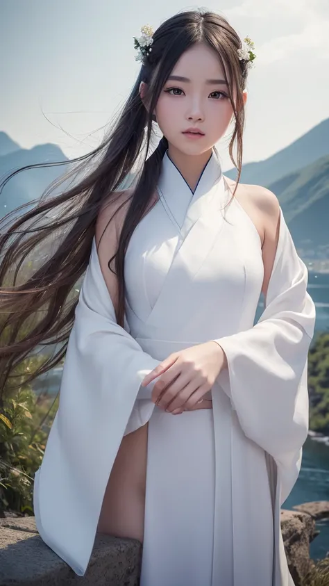 Highest quality, masterpiece, High resolution,, One girl, Detailed face, (Upper Body:1.6), Cyber City, Mountains and Rivers, night, Firefly Light, Realistic, Lots of details, (White Hanfu:1.2), (Beautiful body:1.4),