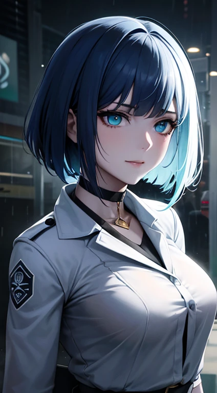 anime women, white and black outfit with aqua blue details, blue hair, (golden dragon eyes) standing in a rain soaked, city street at night, photorealistic, cinematic lighting (best quality:1.2),ultradetailed,(photorealistic:1.37), neon lights, vivid color...