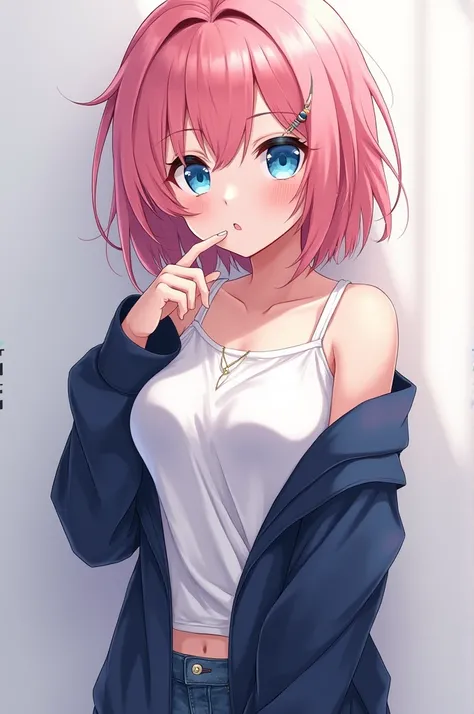 Messy pink hair girl white blue eyes Navy blue loose clothing perfect breasts perfect waist perfect body anime 