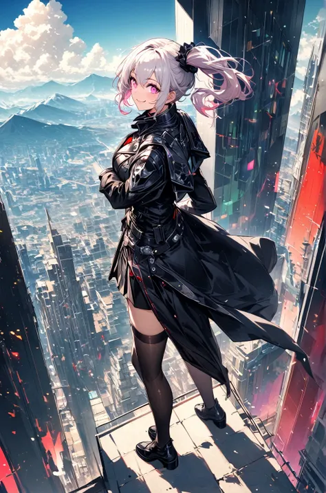 realisitic，A vast city spreads out、noon, the skyscraper army、Horizon，composed々The sky is getting brighter、Huge spring clouds、Vibrant colors、adult woman watching from distant mountain top,silver medium hair,(side ponytail),from side,wearing military costume...