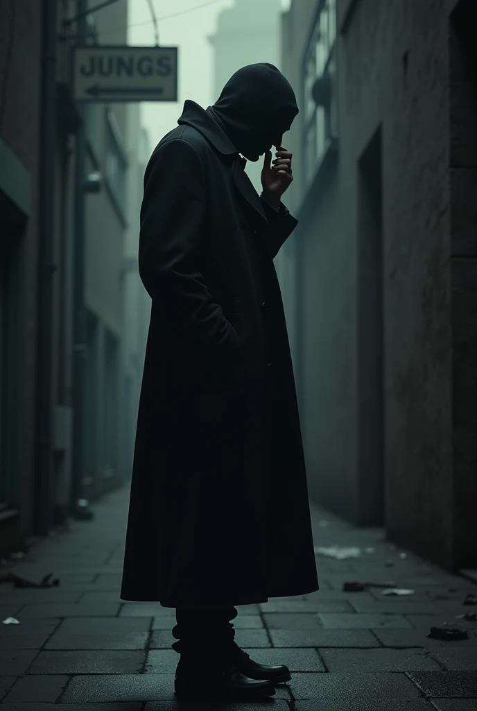 I want you to draw a person in an alley talking on a cell phone with his back turned, draw the person wearing a black trench coat and covering his face with a black mask. 