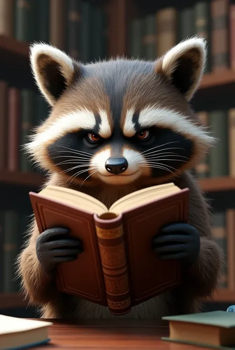 Create an angry furry raccoon reading a book