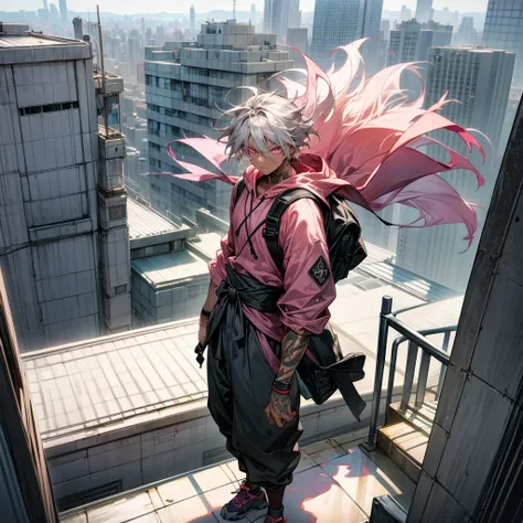 1male, young adult, dark skin, finely detailed pink eyes, wild medium hair, grey hair color, baggy hoodie, baggy combat pants, standing on building, day time, tokyo city, calm expression, muscular, tattoos, standing on rooftop, hiker backpack, ninja shoes