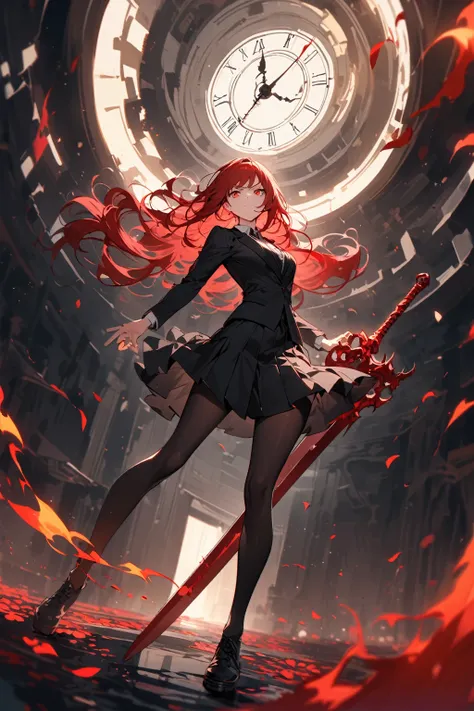 Goth girl,(red long hair),(((red long hair))), red eyes, (((full body))),(red hair), (((((Hold a red sword))))), (angry face),((Black suits style)),((black suits)),light shafts, soft focus, ((wearing black skirt))),short hair,((japanese hair ornament)),Fig...