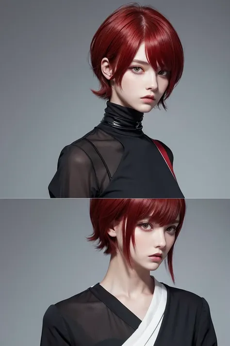 An illustration of a cool androgynous character with asymmetrical short hair, two-block haircut, and red hair