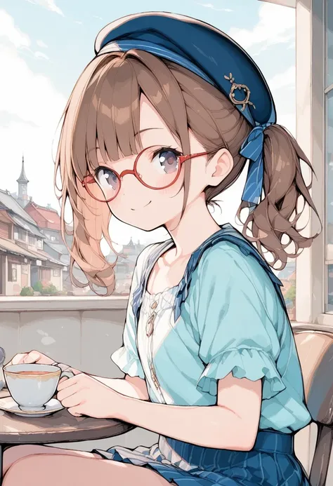 1girl,10yo,brown hair,black eyes, ((red round eyewear)), side ponytail,smile, blushful,

BREAK
(beret),mini skirt,zettai ryouiki,

BREAK
portrait shot  sitting at a cafe table, (casual outfit:1.2), town background, japanese window, tea cups,  sunny, lookin...