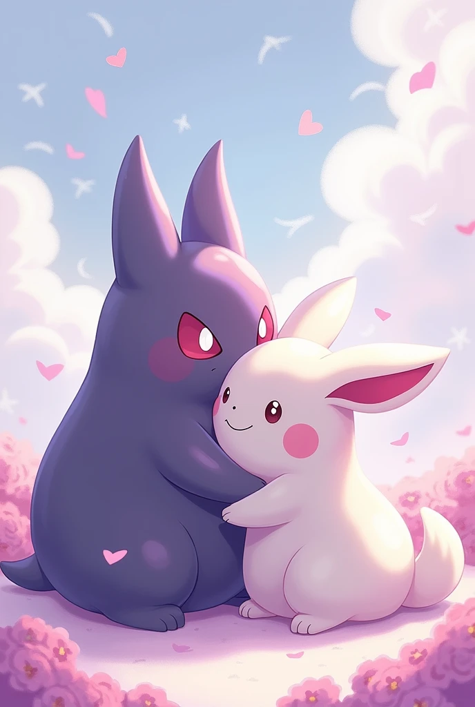 Hello, Please can you create a romantic illustration of gengar with cinnamoroll 