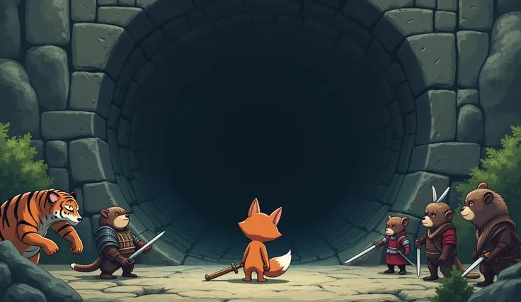 (Anime art) huge dungeon like cave, depressed fox standing outside at tree, weak, , holding wooden dagger, looking at dark dungeon. There is a tiger with swords entering the dungeon, two bear with medieval armor talking, monkey preparing his samurai armor ...