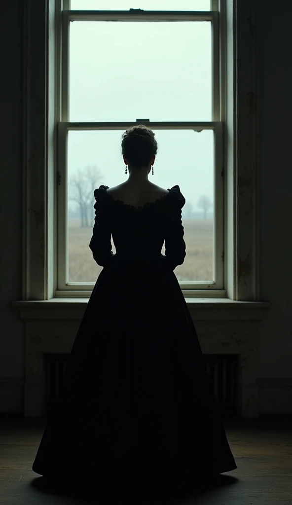 The Loneliness of Mary Todd Lincoln: A wide shot of Mary Todd Lincoln standing alone at a window, staring into the bleakness outside, dressed in her mourning attire, her life consumed by loss.