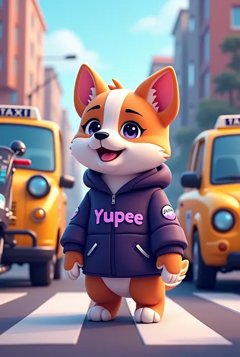 create a pet driving in art toy style that is the reference for a vehicle and motorcycle taxi transfer app called YUPEE WHERE the pet is wearing a dark purple jacket , Light purple ,black and white with the name YUPEE in black and purple clearly legible an...