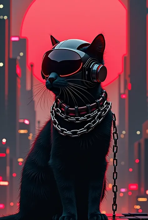 A black cat with a robocop helmet and a silver chain on the shoulders but behind the red glowing sun in middle of the city 