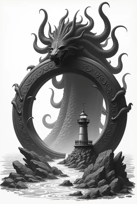 Une rondache avec la mer en fond, un phare et une Hydre au premier plan en 2D noir 